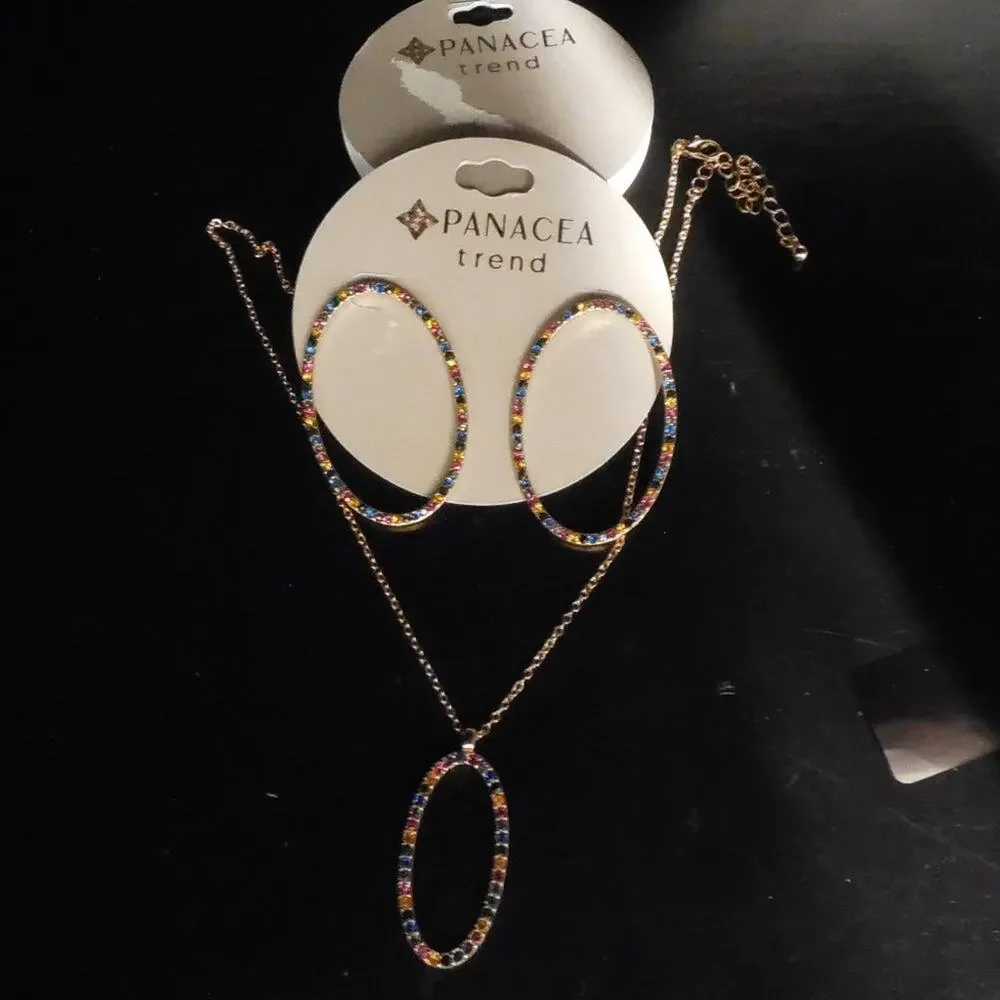 Panacea Multicolor Crystal Pave Oval Hoop Earrings Necklace Set Rose Gold Glam